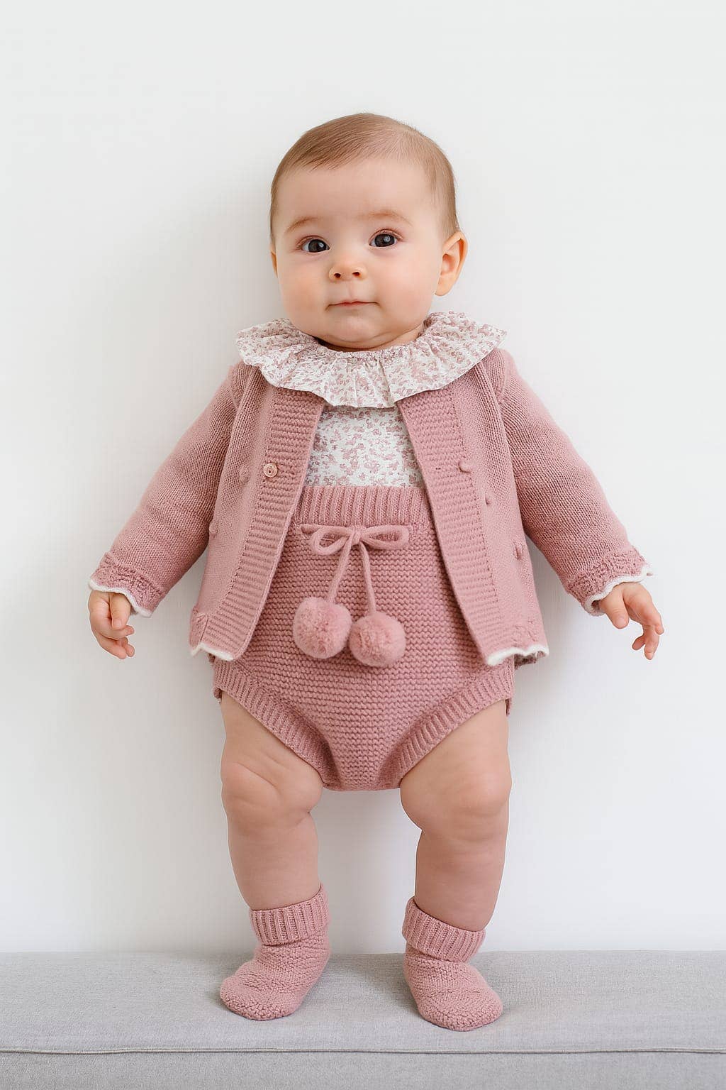 Conjunto tricot c/ camisa + tapa fraldas + casaco