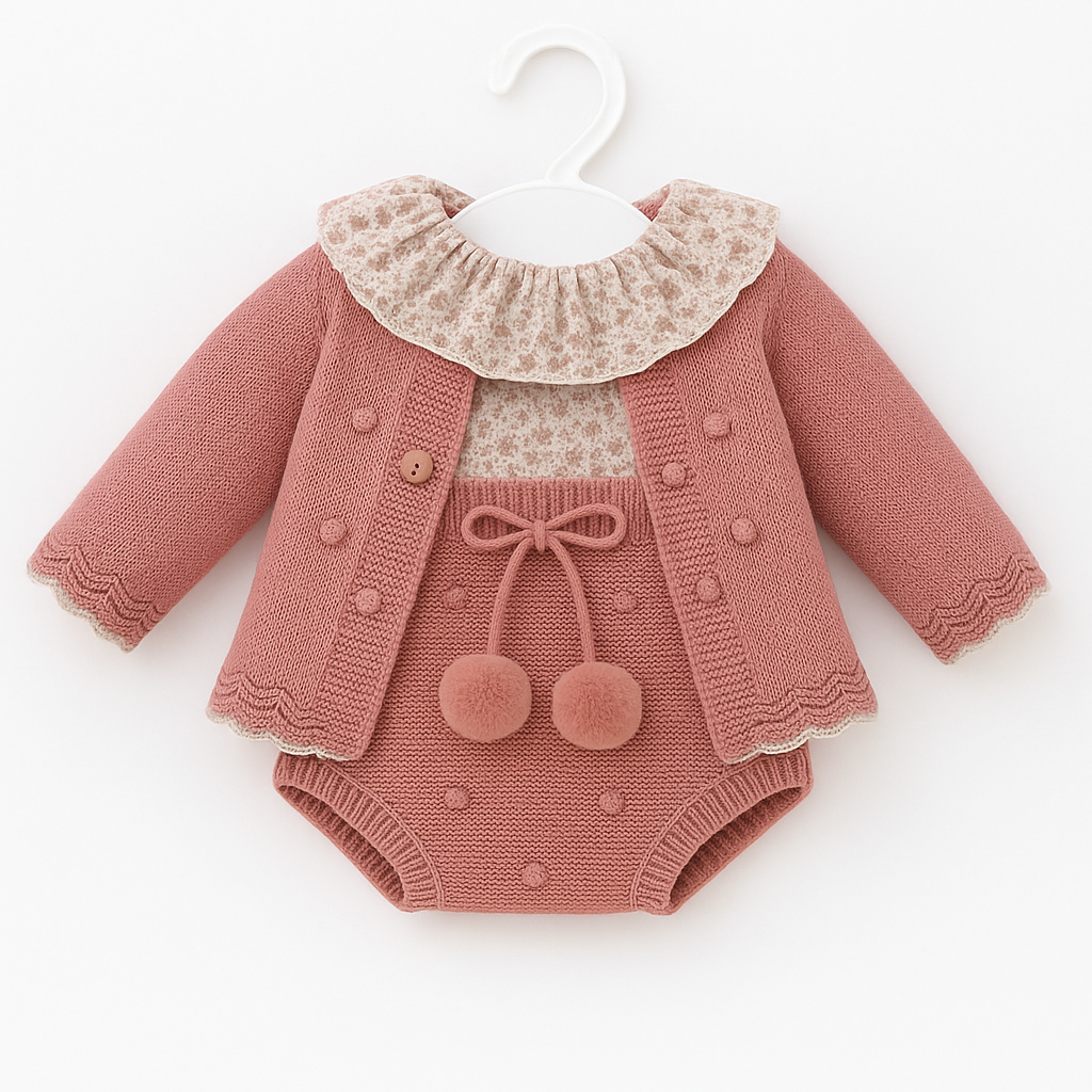 Conjunto tricot c/ camisa + tapa fraldas + casaco