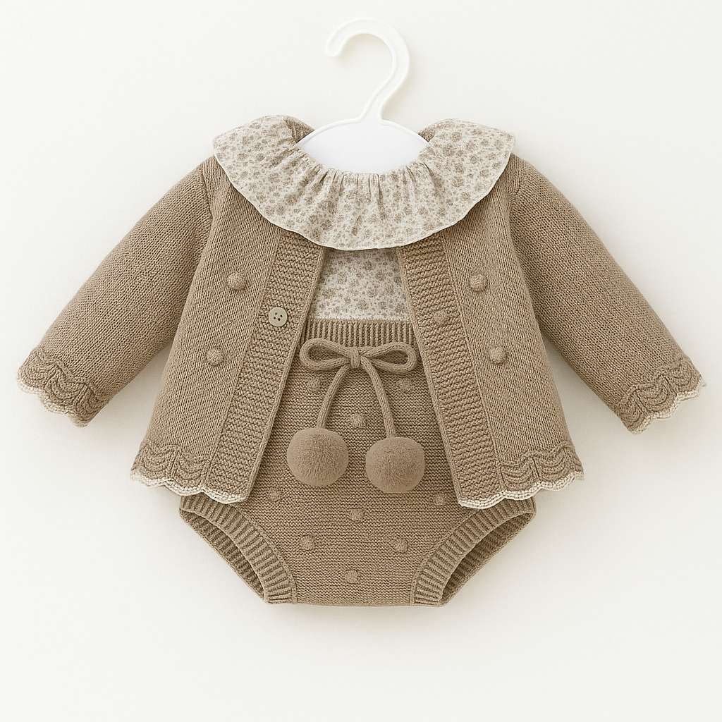 Conjunto tricot c/ camisa + tapa fraldas + casaco