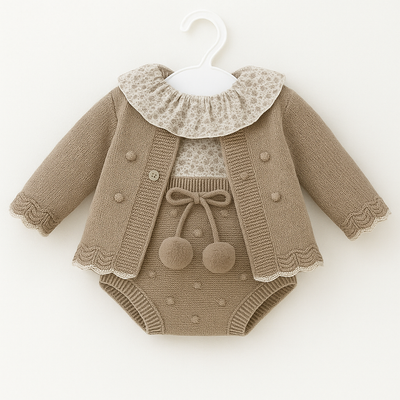 Conjunto tricot c/ camisa + tapa fraldas + casaco