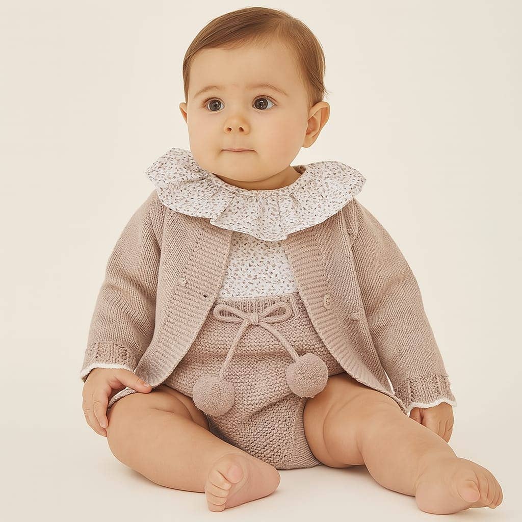 Conjunto tricot c/ camisa + tapa fraldas + casaco